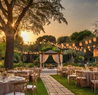 Vue d’ensemble d’un lieu de réception en extérieur avec allée boisée et décoration suspendue