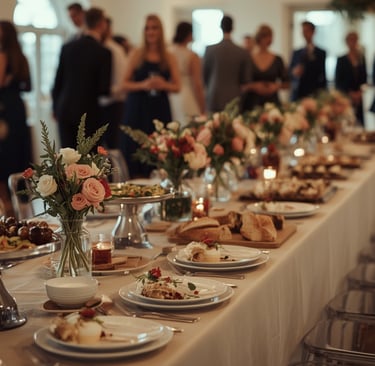 Buffet élégant pour mariage avec plats simples, présentation soignée et invités en arrière-plan flou
