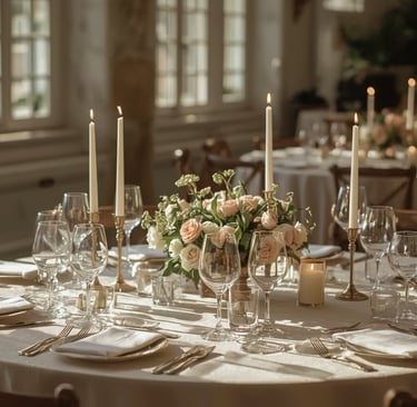 Table de réception décorée avec éléments minimalistes et fleurs naturelles en lumière douce.