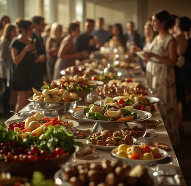Buffet élégant avec invités dans une ambiance lumineuse.