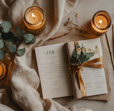 Flat lay accessoires mariage : sandales dorées, menu calligraphié