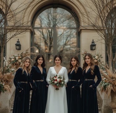 une mariée et ses demoiselles d'honneur photo lors du mariage extérieur noir et blanc style