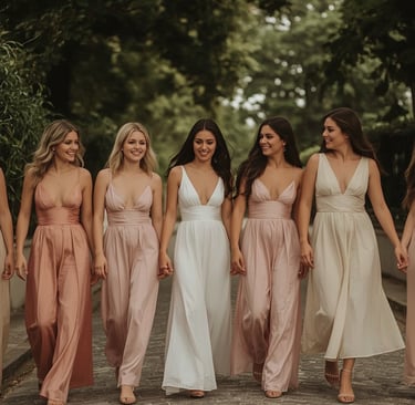 Six femmes marchant dans une ruelle pavée bordée de verdure, portant des robes longues ou midi