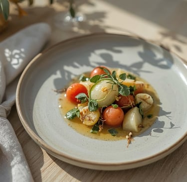 Assiette élégante composée de légumes de saison et herbes fraîches, présentée sur table en bois