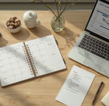 Table de travail organisée avec planning d’événement, checklists, ordinateur portable