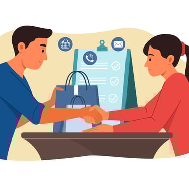 Ilustrasi pria dan wanita berjabat tangan setelah transaksi berhasil, melambangkan loyalitas pelanggan dan kepercayaan bisnis