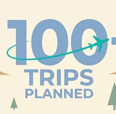 Travel graphic with an airplane icon and text reading 100 plus trips planned over an outdoor landscape.