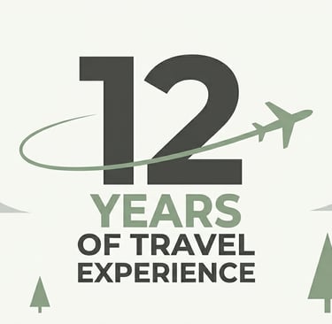 Graphic celebrating 12 years of travel experience with an airplane icon and mountain landscape.