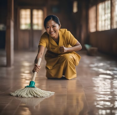 Domestic maid cleaning and doing household chores in modern home in Singapore