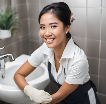 Domestic maid cleaning and doing household chores in modern home in Singapore