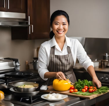 Domestic maid cooking in modern Kitchen in Singapore