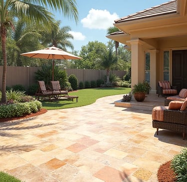 a stamped concrete patio with a couch and umbrellas