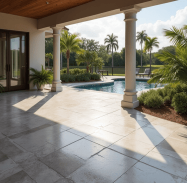 a concrete patio with a pool