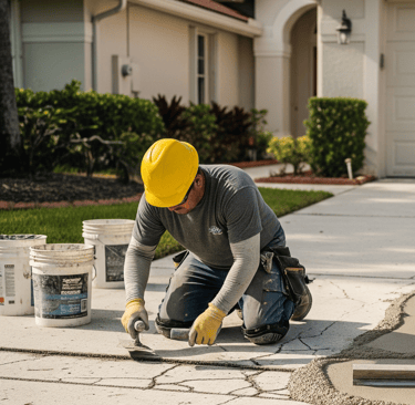 a man in a yellow helmet is working on a concrete slab