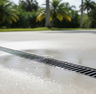 Close-up of a concrete surface with a channel drain and water flowing into it