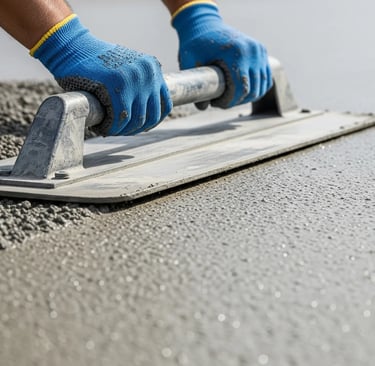 a person wearing gloves is smoothening the freshly poured concrete
