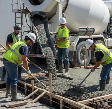 a group of men in safety vests working on a freshly poured concrete