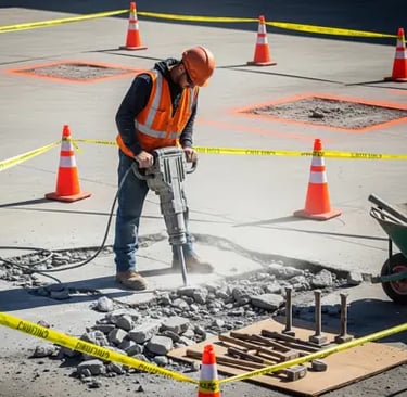 a man in a safety vest is using a jack hammer to make a hole in the concrete