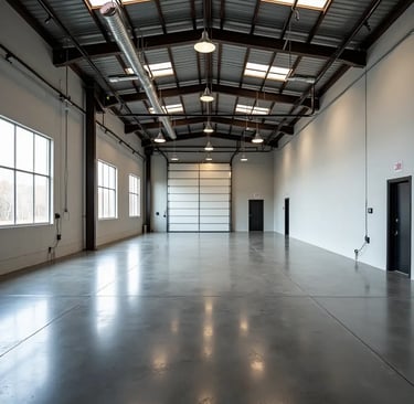 a large open space with gray epoxy flooring finished
