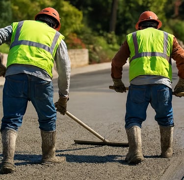 two men in safety vests are working on a concrete paving