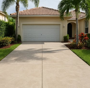 ight decorative concrete driveway at a Hollywood, FL home with smooth textured finish, clean and tropical landscaping.