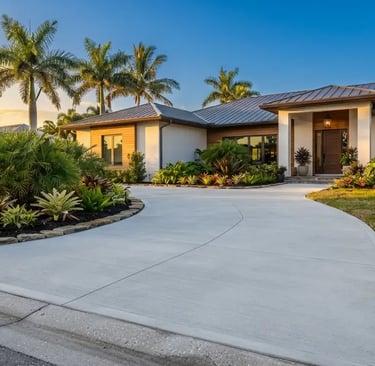 freshly poured, professionally finished concrete driveway leading up to a modern single-story Florida