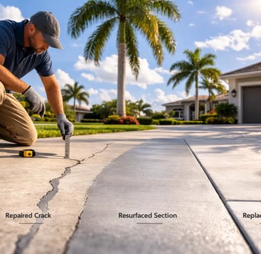 Concrete contractor inspecting a driveway crack in a South Florida home, with side by side repaired and resurfaced concrete