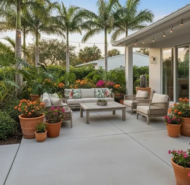 A concrete patio in Hollywood Florida home with cozy furniture and tropical plants and palm trees