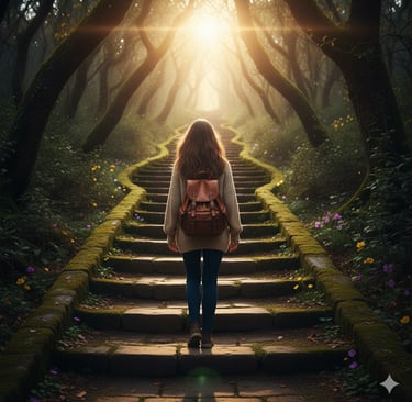 a woman walking down a path with a backpacker