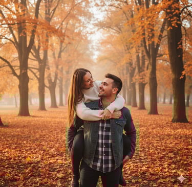 a man and woman are standing in a park