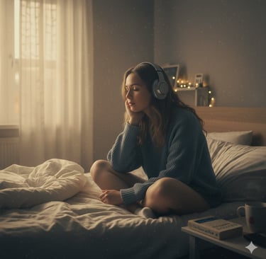 a woman in a blue sweater and headphones on a bed