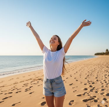 a woman standing on a beach with her arms up in the air
