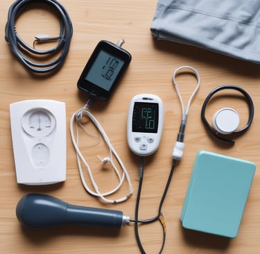 Medical professionals wearing surgical gowns and masks are engaged in a surgical procedure in an operating room. Various surgical instruments are neatly arranged on a blue surgical drape. Overhead surgical lights illuminate the scene, and medical equipment is visible in the background.