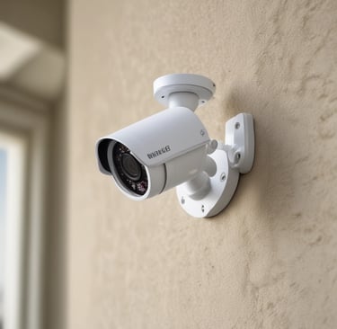 A close-up of a security camera mounted on a wall.