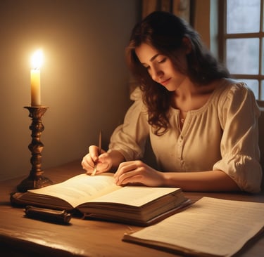 A young woman sitting at a desk, writing in a journal with a cup of tea beside her.