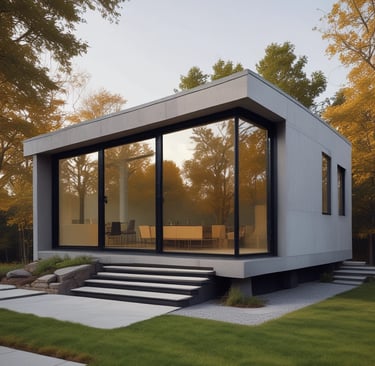 A modern architectural interior featuring large glass walls and steel beams. The structure has angular and geometric designs, with a prominent staircase or ramp intersecting the space. Natural light streams through the windows, illuminating the airy and spacious environment.