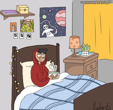 a cartoonish looking man in a bed with a bow. Diane Mulolo Faidal of food