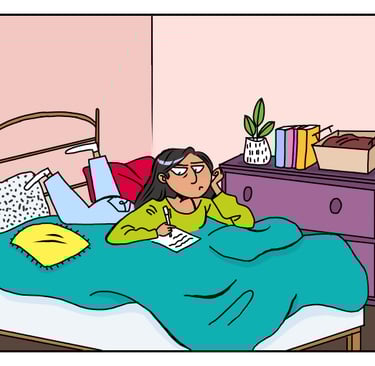 a cartoonish looking woman in a bed with a book and a book. Diane Mulolo Faida