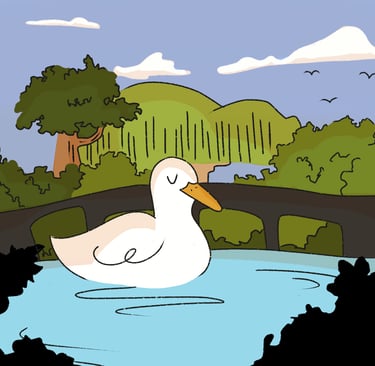 a duckling in a pond with a bridge in the background. By Diane Mulolo Faida