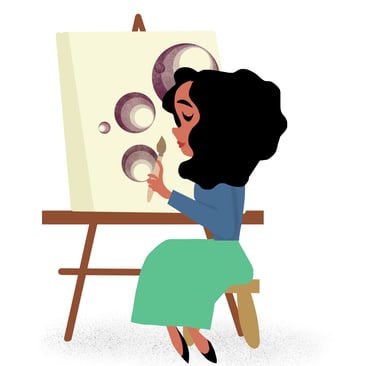 a woman is sitting at a table with a paintbrush. By Diane Mulolo Faida