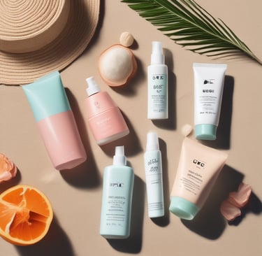 A vibrant display of beauty products including skincare and makeup.