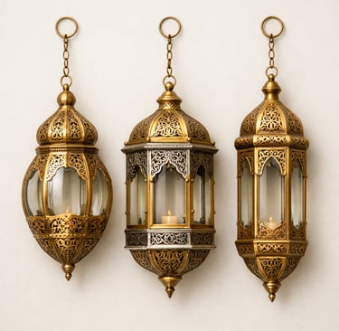 Metal hanging lanterns with pierced cutwork and heritage Islamic design patterns.