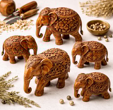Intricately carved wooden elephant décor sculptures