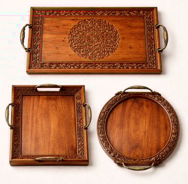 Engraved wooden serving trays with carved detailing