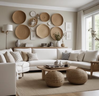 A cozy living room featuring neutral-toned furniture and decorative accents.