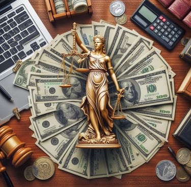 a statue of justice and money
