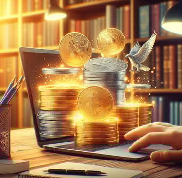a laptop computer with a stack of coins and a bird flying over a laptop