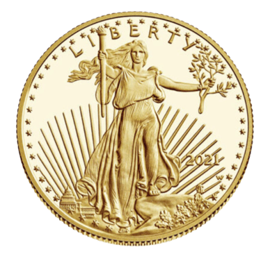a gold coin with a woman holding a flag