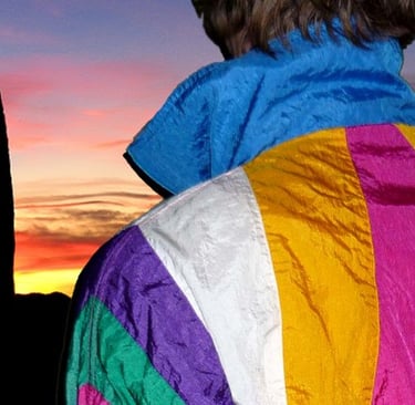 Contemporary artwork of a man wearing a retro windbreaker in the desert with a beautiful sunset