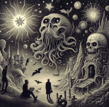 a man standing in front of a giant octopus